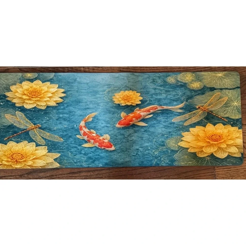 Desk mat with koi and lotus flower design; large